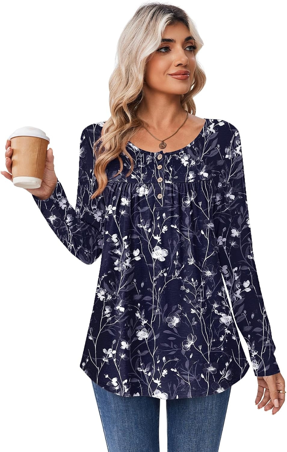 image:imageZeagoo Long Sleeve Shirts for Women Dressy Casual Blouses Loose Tunic TopsBluesf180