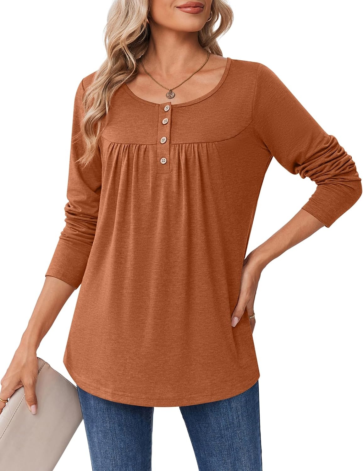 image:imageZeagoo Long Sleeve Shirts for Women Dressy Casual Blouses Loose Tunic TopsCaramel