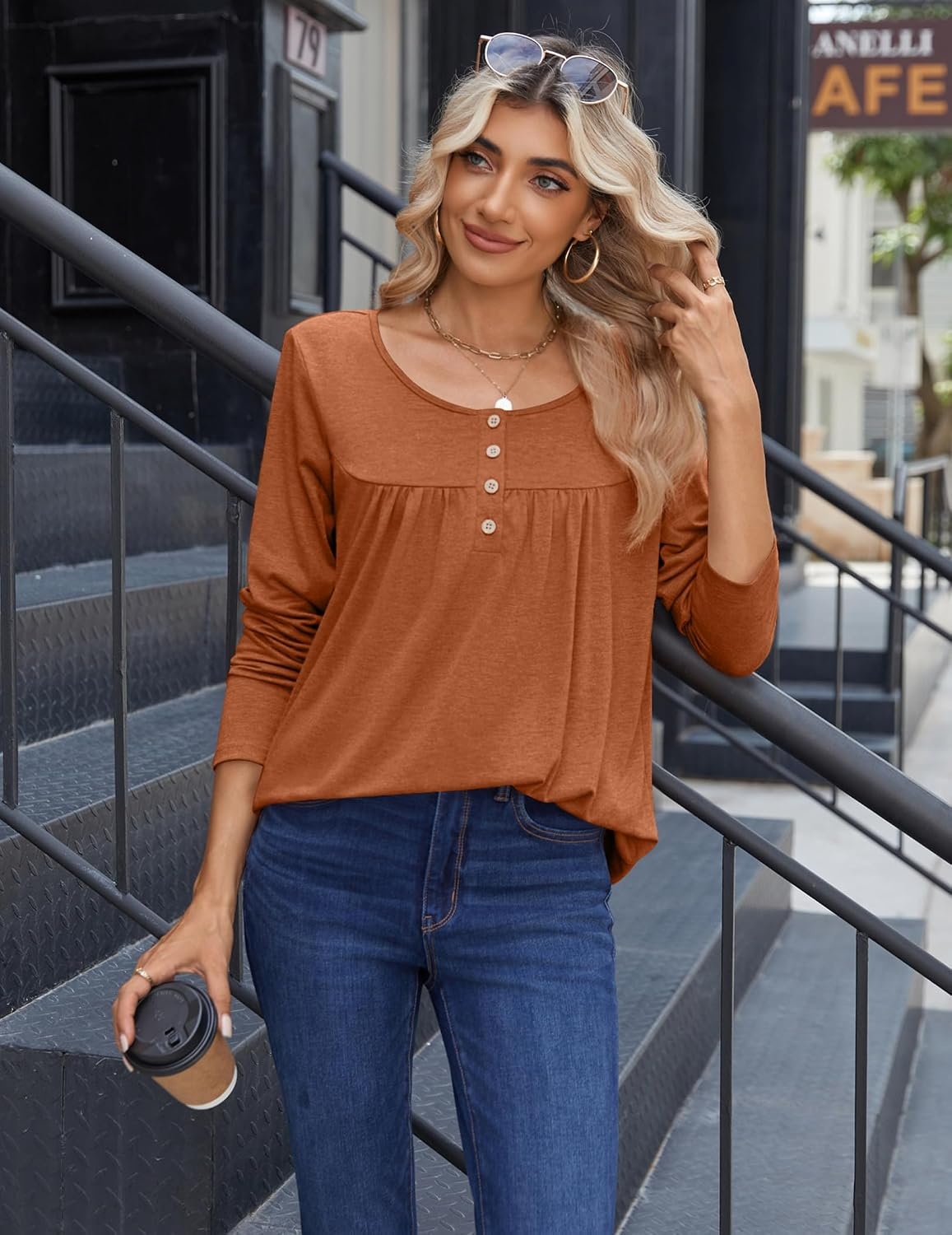 image:imageZeagoo Long Sleeve Shirts for Women Dressy Casual Blouses Loose Tunic TopsCaramel