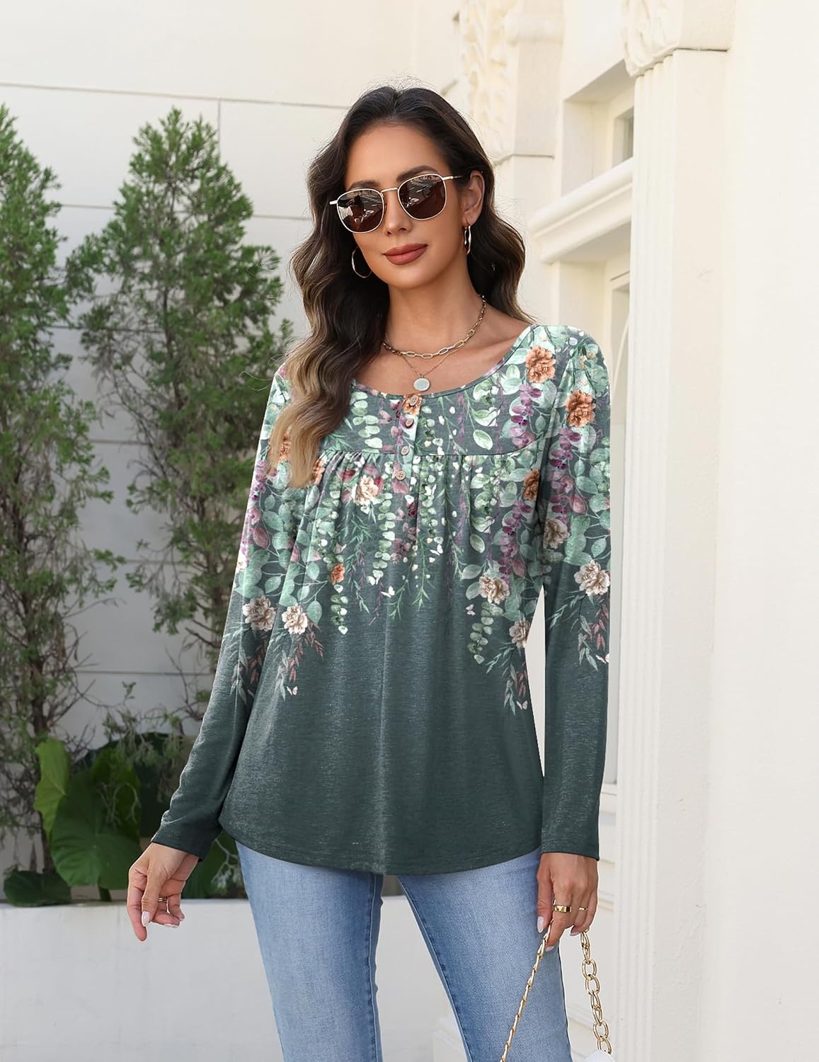 image:imageZeagoo Long Sleeve Shirts for Women Dressy Casual Blouses Loose Tunic TopsGray Printwf71