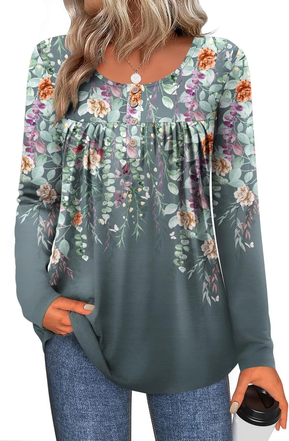 image:imageZeagoo Long Sleeve Shirts for Women Dressy Casual Blouses Loose Tunic TopsGray Printwf71