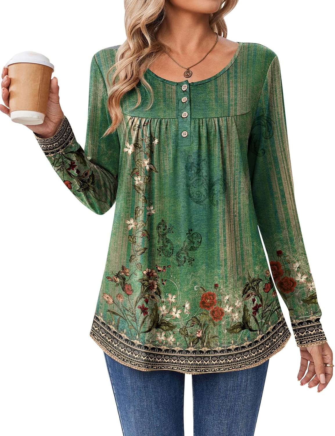 image:imageZeagoo Long Sleeve Shirts for Women Dressy Casual Blouses Loose Tunic TopsGreen Flowermz839