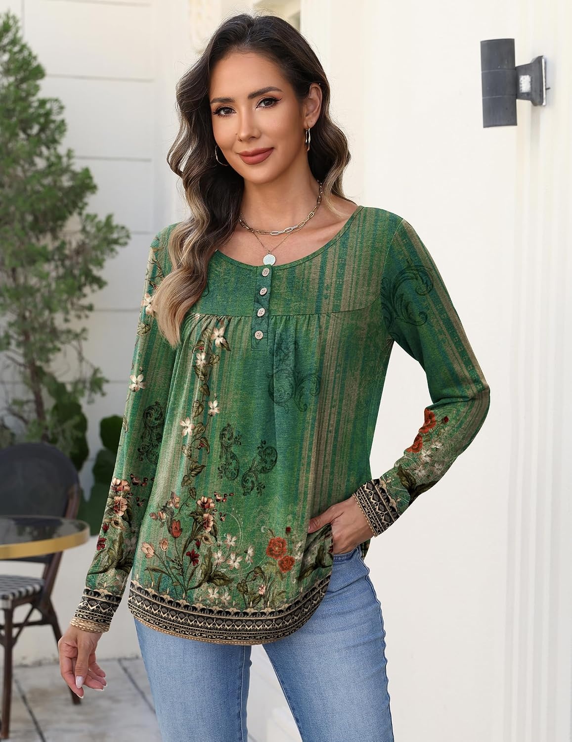 image:imageZeagoo Long Sleeve Shirts for Women Dressy Casual Blouses Loose Tunic TopsGreen Flowermz839