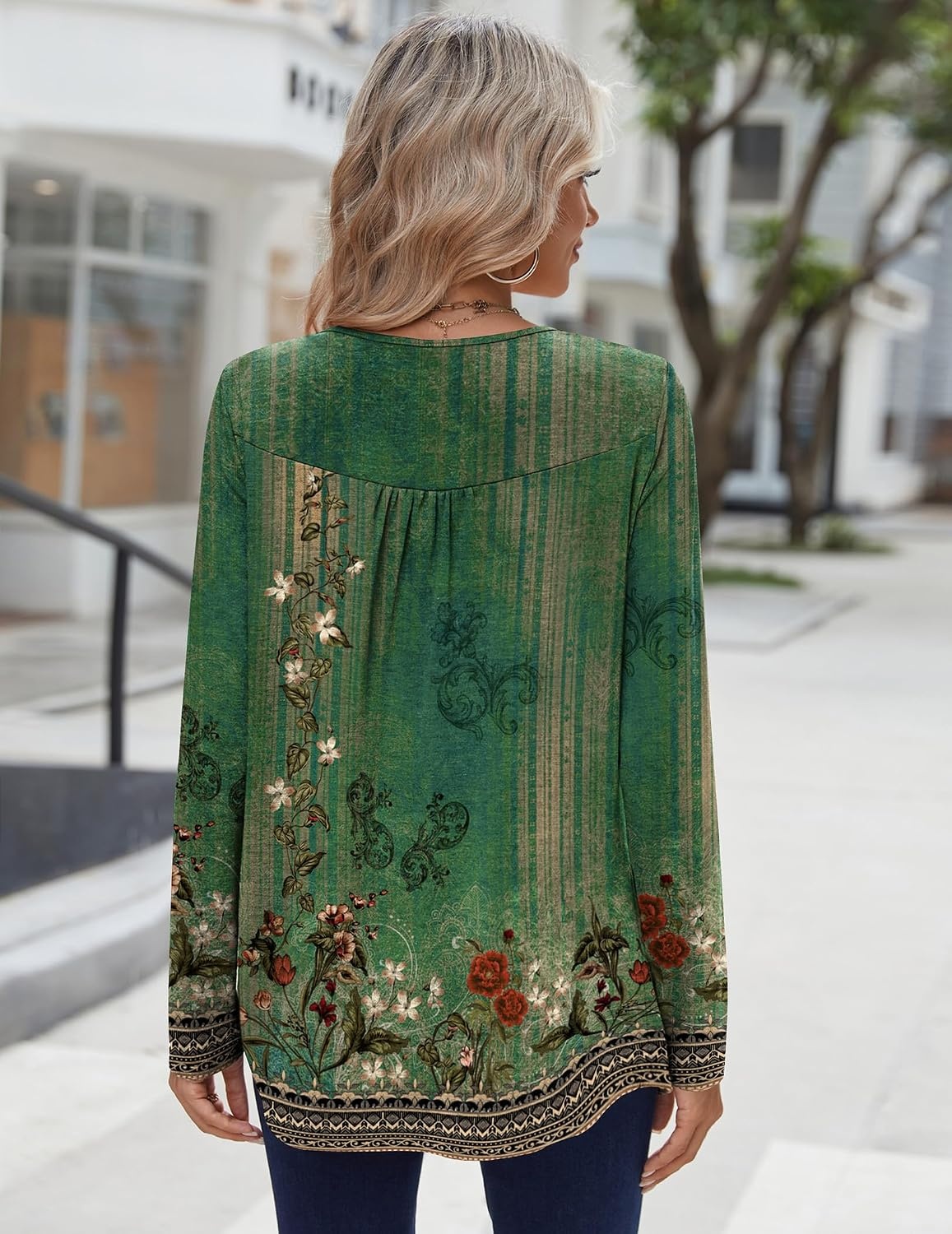 image:imageZeagoo Long Sleeve Shirts for Women Dressy Casual Blouses Loose Tunic TopsGreen Flowermz839