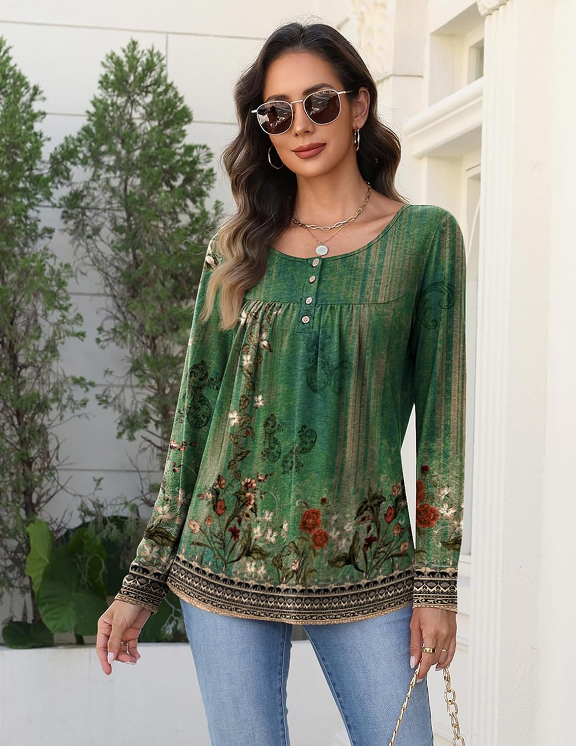 image:imageZeagoo Long Sleeve Shirts for Women Dressy Casual Blouses Loose Tunic TopsGreen Flowermz839