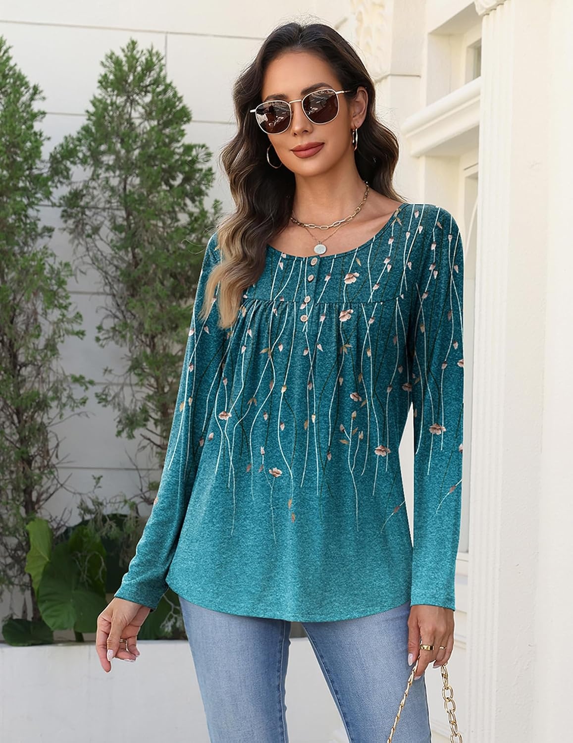 image:imageZeagoo Long Sleeve Shirts for Women Dressy Casual Blouses Loose Tunic TopsGreen Leavexh363
