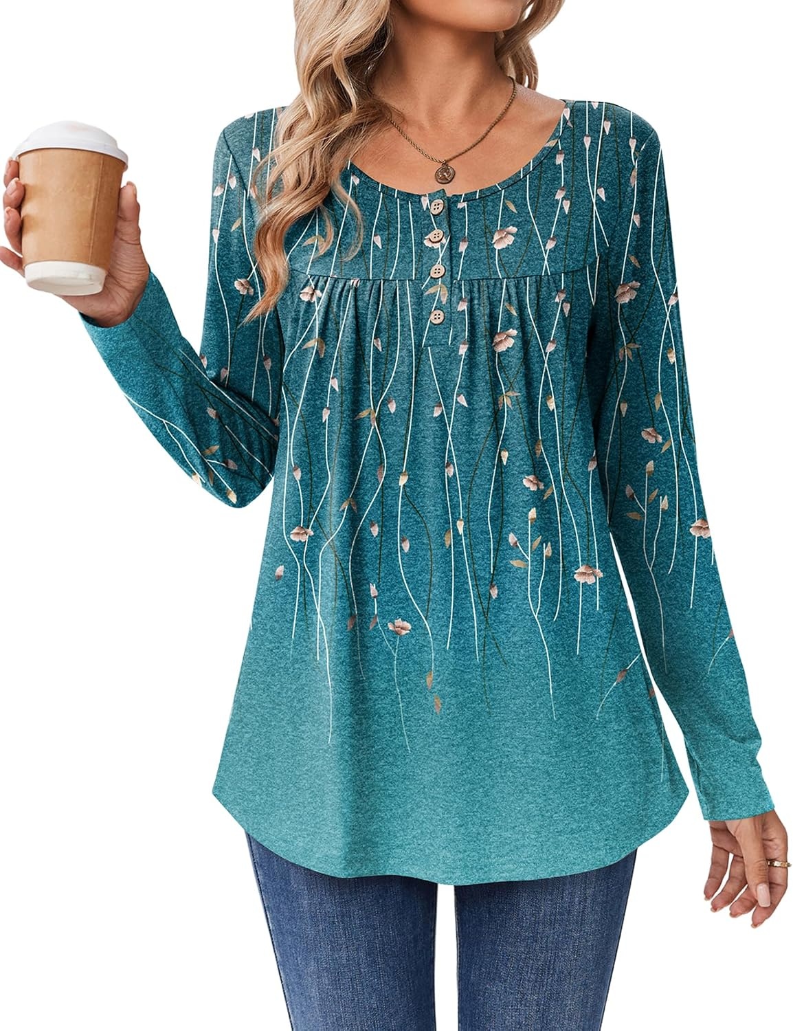 image:imageZeagoo Long Sleeve Shirts for Women Dressy Casual Blouses Loose Tunic TopsGreen Leavexh363
