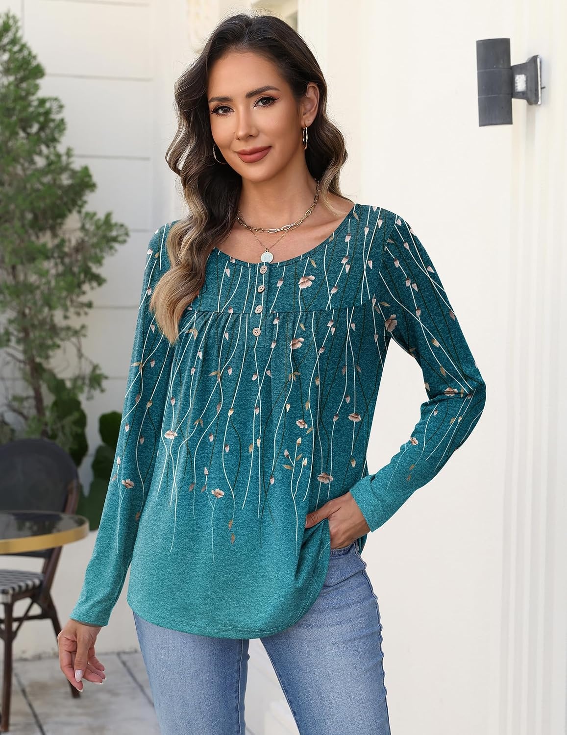 image:imageZeagoo Long Sleeve Shirts for Women Dressy Casual Blouses Loose Tunic TopsGreen Leavexh363
