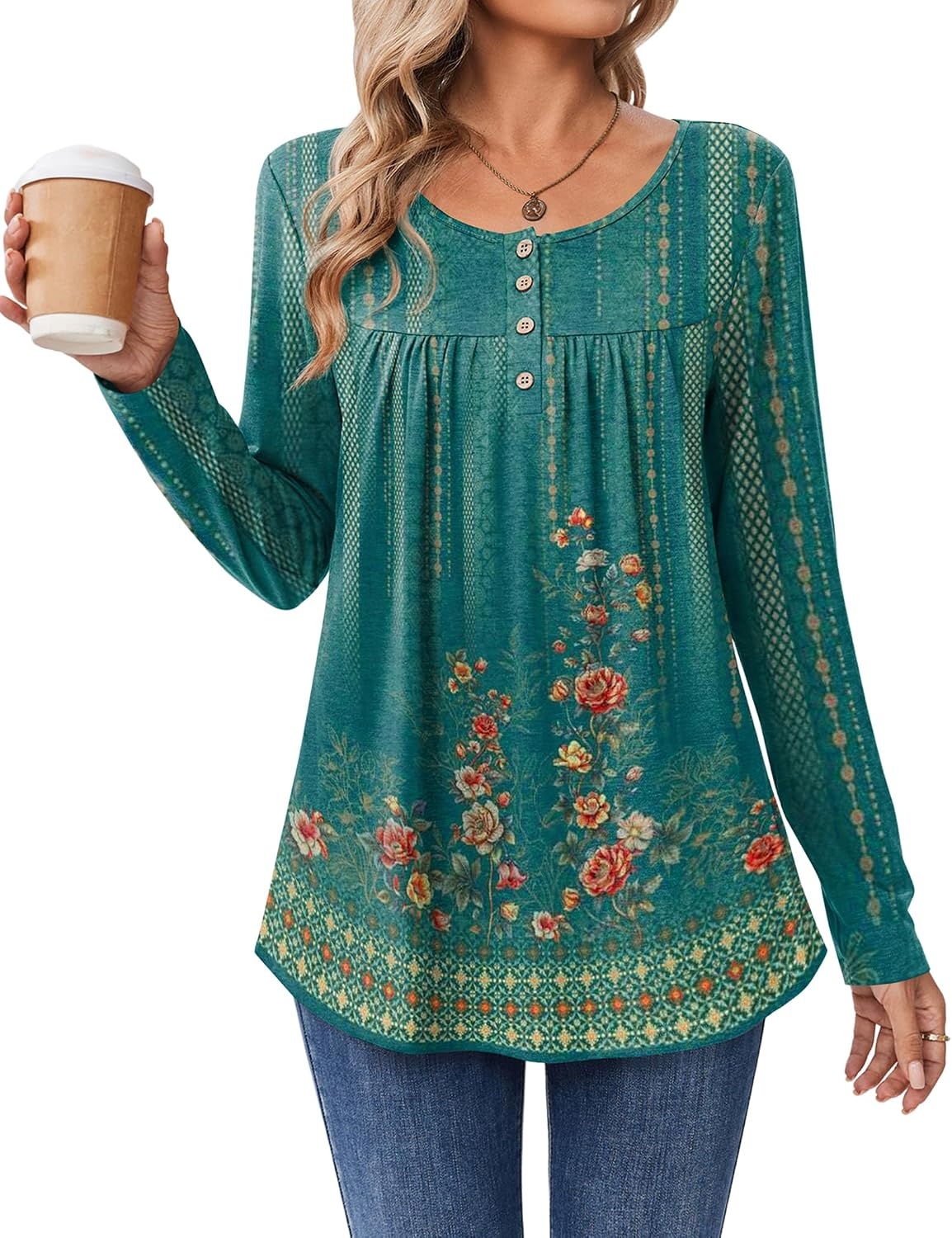 image:imageZeagoo Long Sleeve Shirts for Women Dressy Casual Blouses Loose Tunic TopsGreen Printmz871