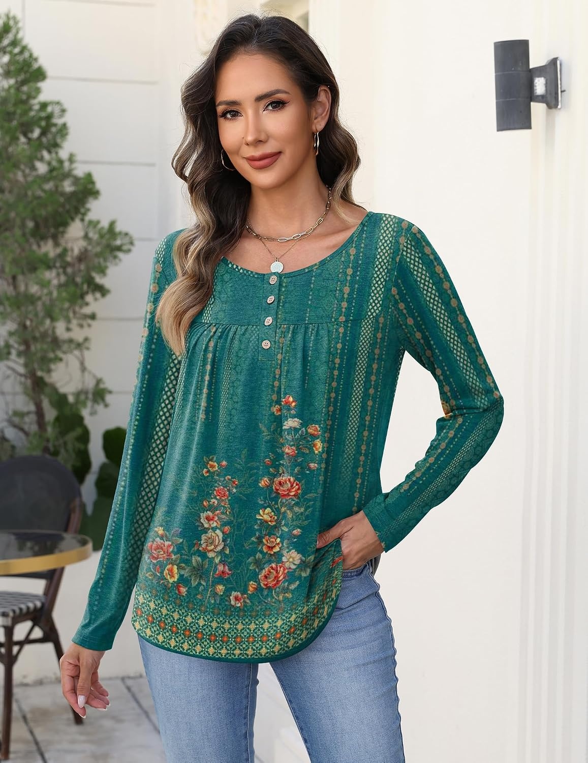 image:imageZeagoo Long Sleeve Shirts for Women Dressy Casual Blouses Loose Tunic TopsGreen Printmz871