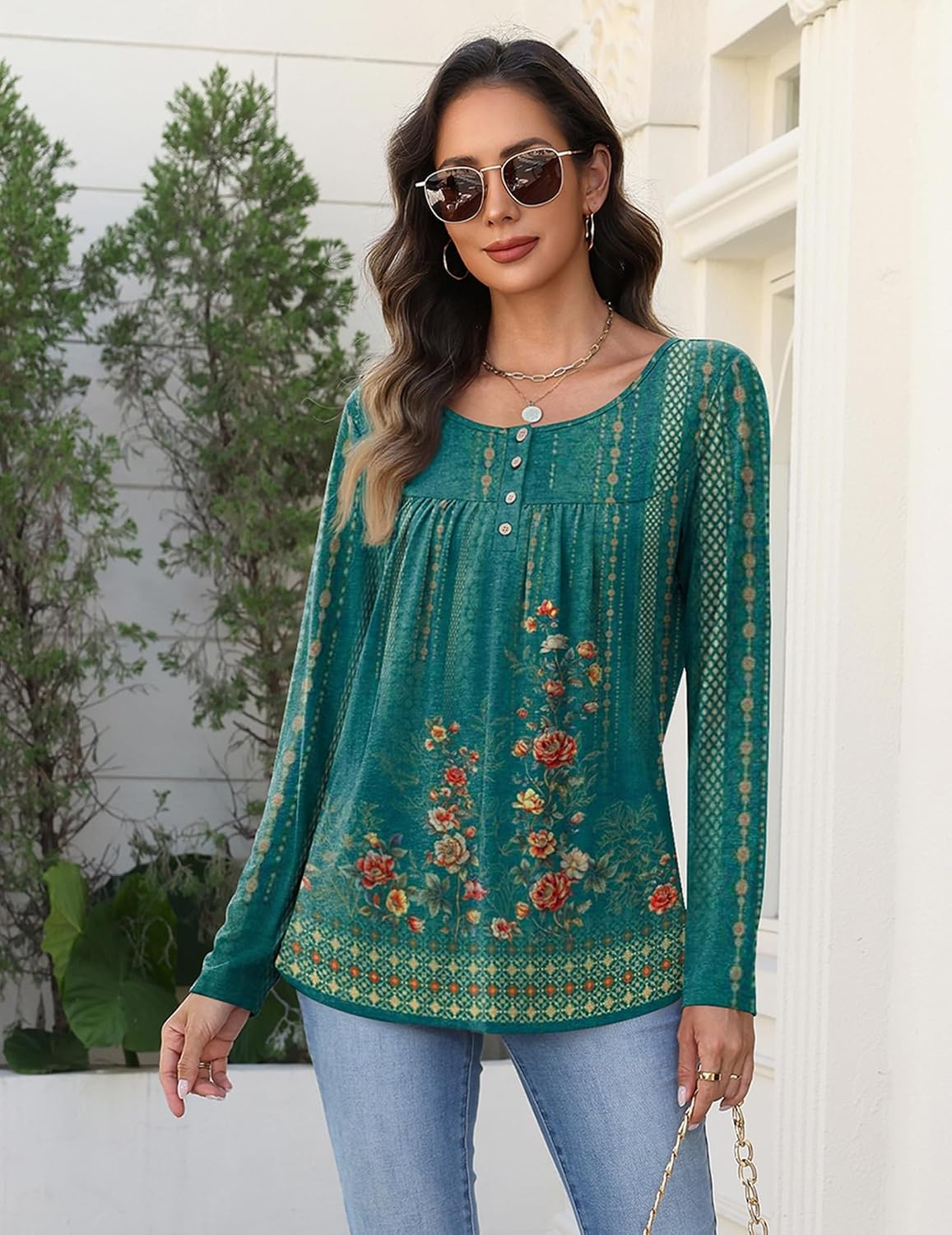image:imageZeagoo Long Sleeve Shirts for Women Dressy Casual Blouses Loose Tunic TopsGreen Printmz871