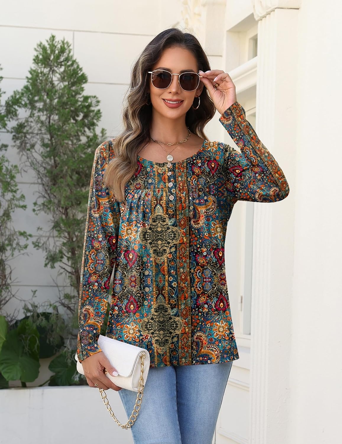 image:imageZeagoo Long Sleeve Shirts for Women Dressy Casual Blouses Loose Tunic TopsMulticolormz721