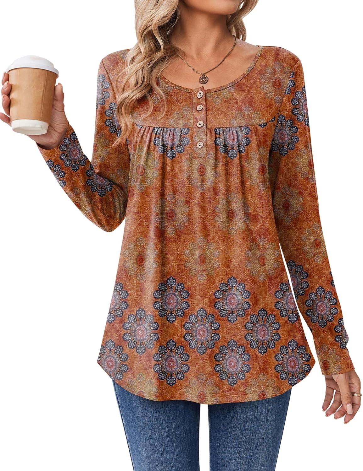 image:imageZeagoo Long Sleeve Shirts for Women Dressy Casual Blouses Loose Tunic TopsOrangemz836