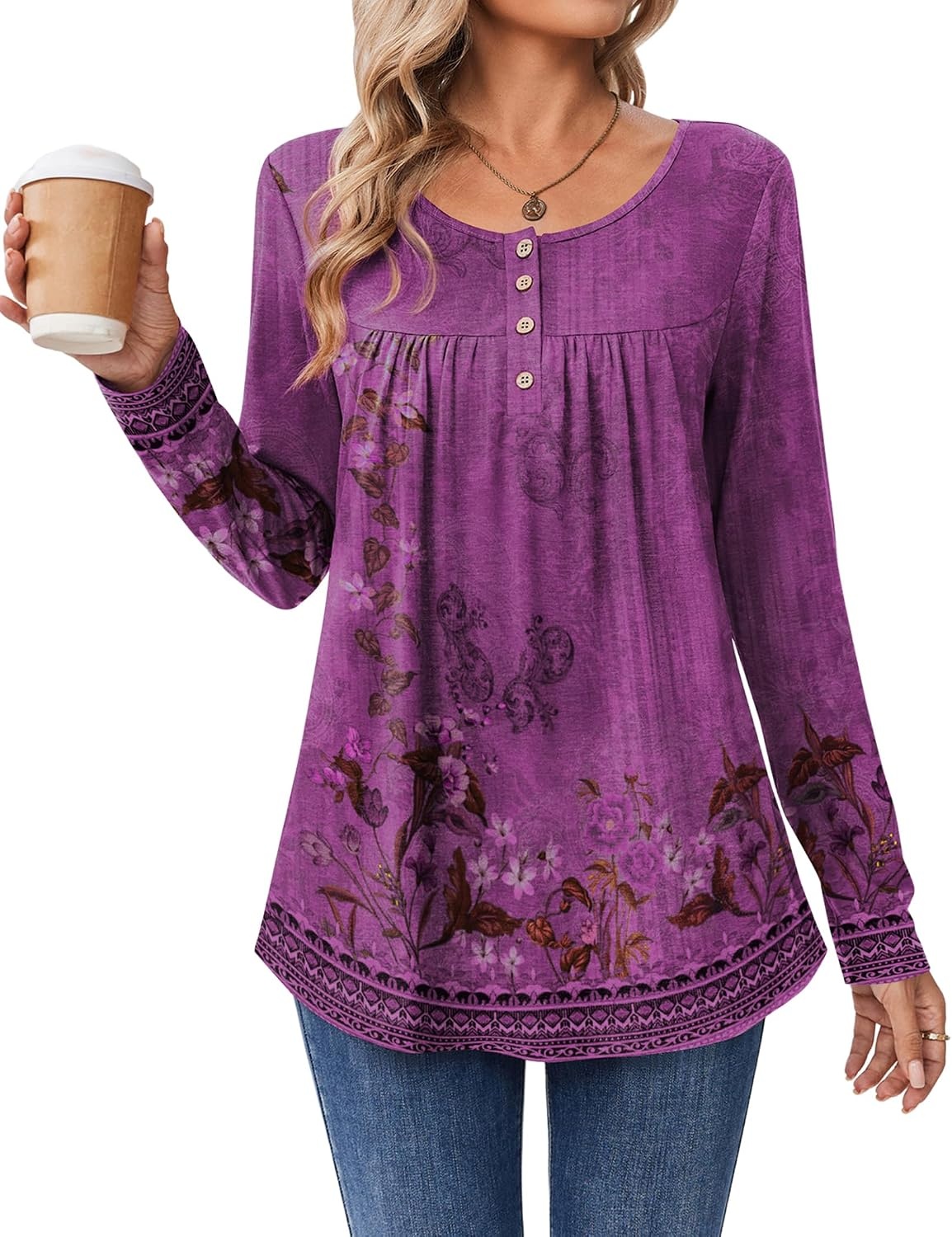 image:imageZeagoo Long Sleeve Shirts for Women Dressy Casual Blouses Loose Tunic TopsPurple Flowermz841