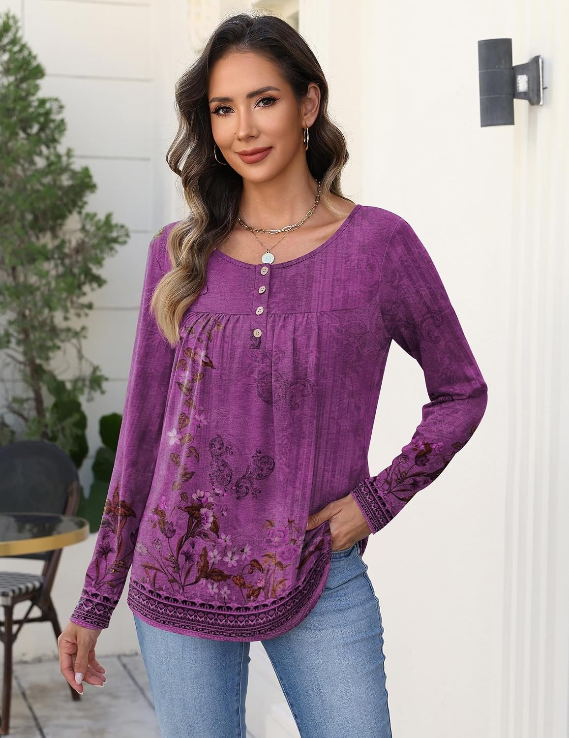 image:imageZeagoo Long Sleeve Shirts for Women Dressy Casual Blouses Loose Tunic TopsPurple Flowermz841
