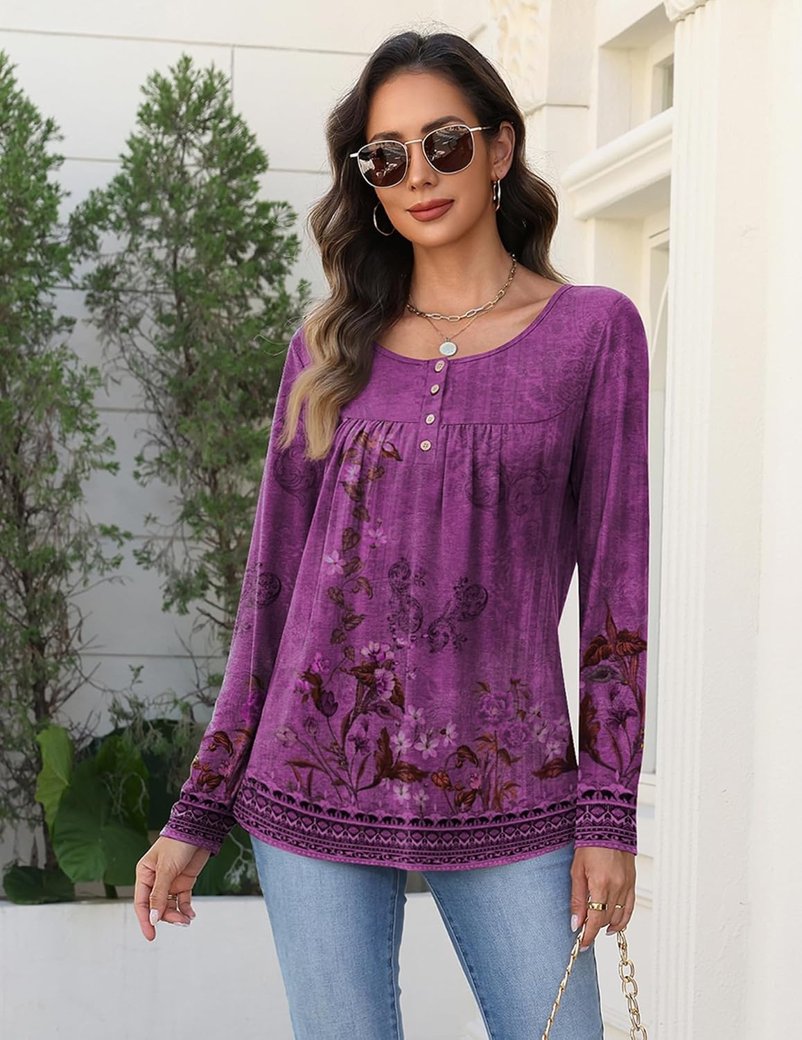 image:imageZeagoo Long Sleeve Shirts for Women Dressy Casual Blouses Loose Tunic TopsPurple Flowermz841