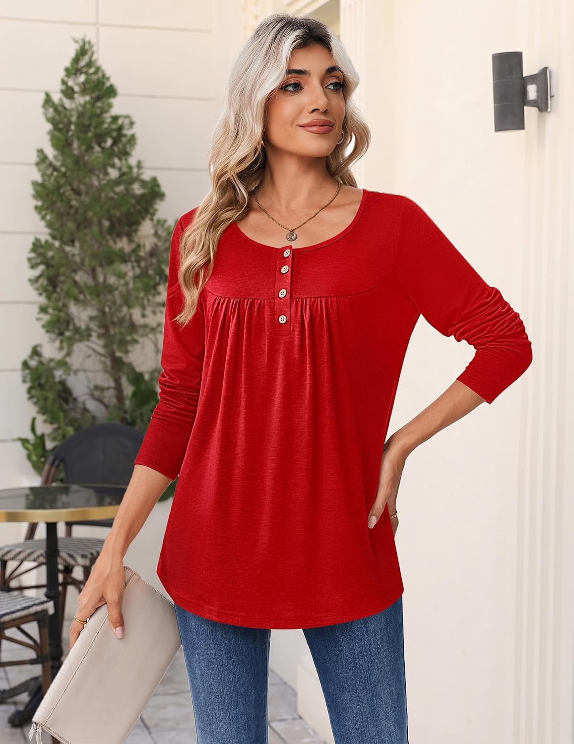 image:imageZeagoo Long Sleeve Shirts for Women Dressy Casual Blouses Loose Tunic TopsRed