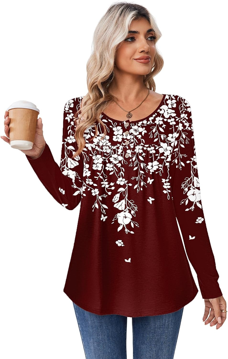 image:imageZeagoo Long Sleeve Shirts for Women Dressy Casual Blouses Loose Tunic TopsRed Flowersf186