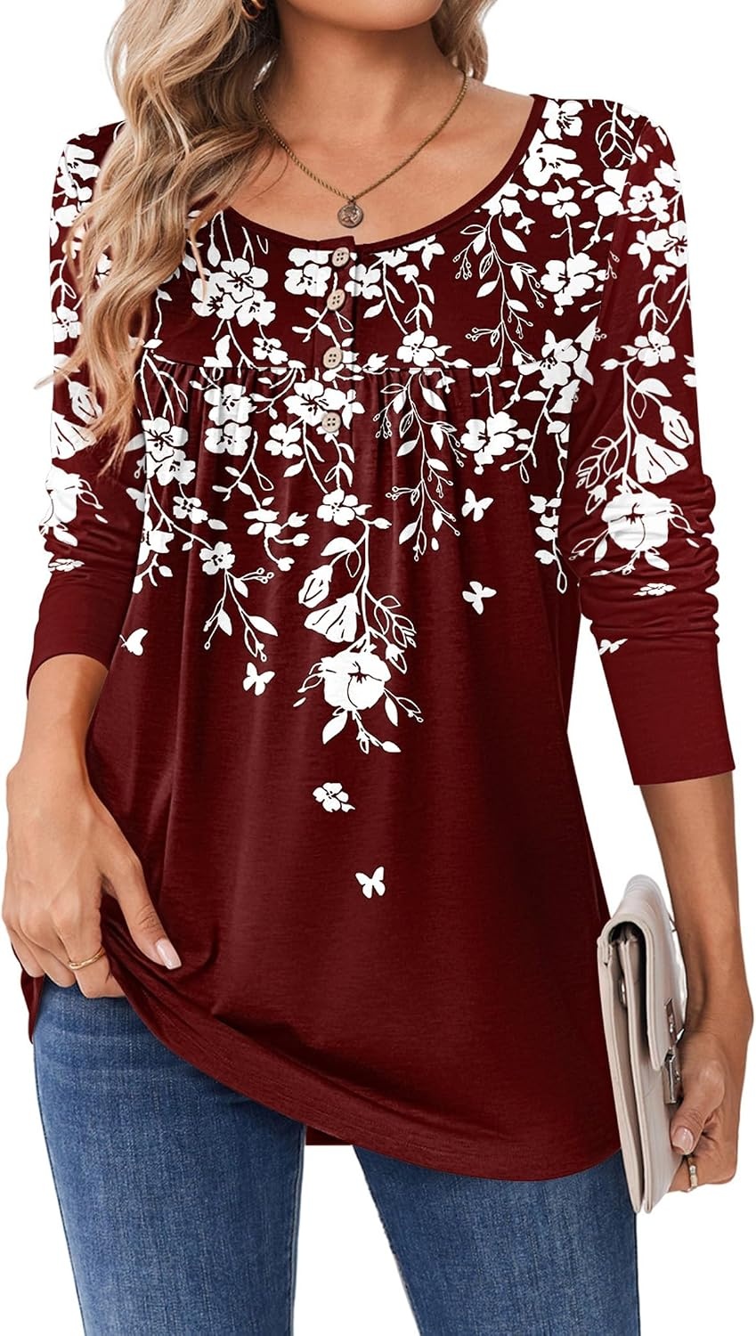image:imageZeagoo Long Sleeve Shirts for Women Dressy Casual Blouses Loose Tunic TopsRed Flowersf186