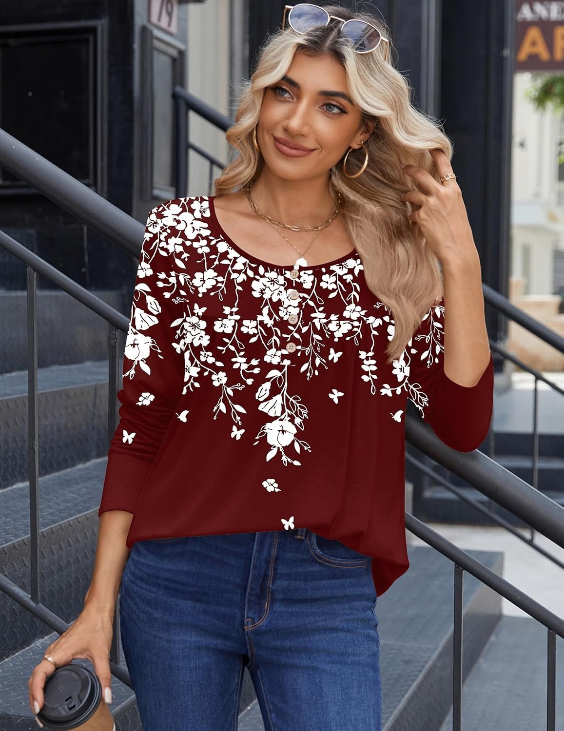 image:imageZeagoo Long Sleeve Shirts for Women Dressy Casual Blouses Loose Tunic TopsRed Flowersf186