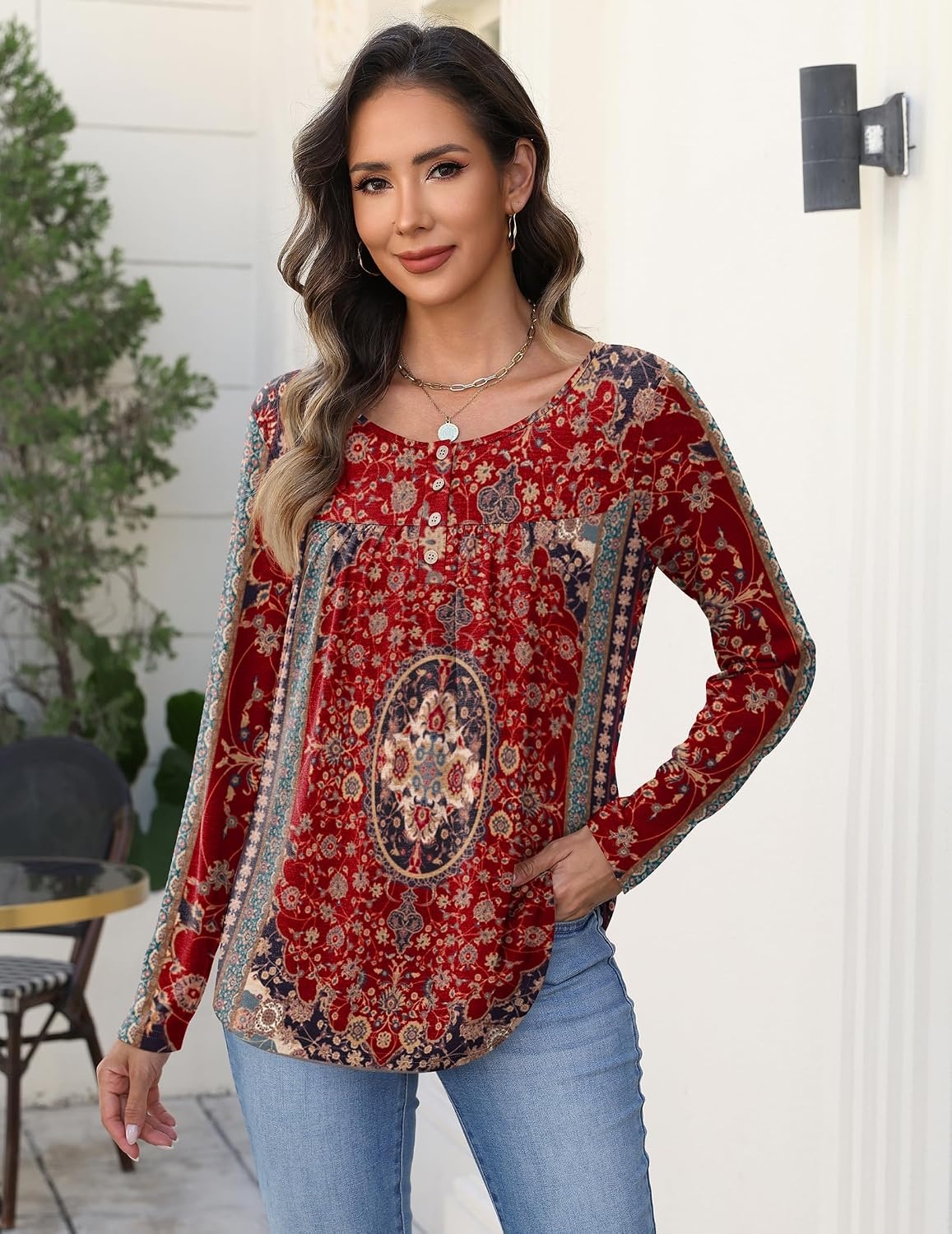 image:imageZeagoo Long Sleeve Shirts for Women Dressy Casual Blouses Loose Tunic TopsRed Printmz870