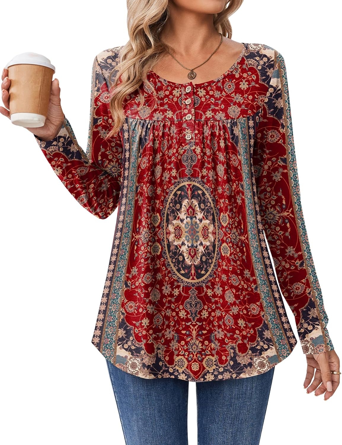 image:imageZeagoo Long Sleeve Shirts for Women Dressy Casual Blouses Loose Tunic TopsRed Printmz870