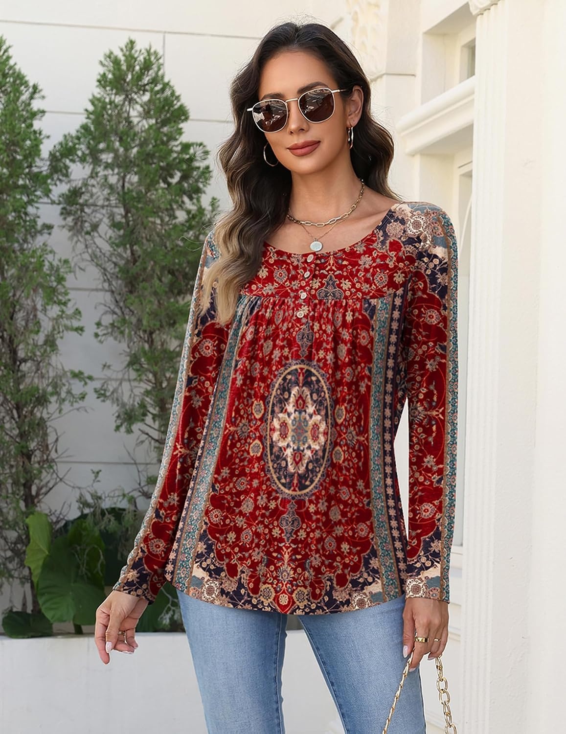 image:imageZeagoo Long Sleeve Shirts for Women Dressy Casual Blouses Loose Tunic TopsRed Printmz870