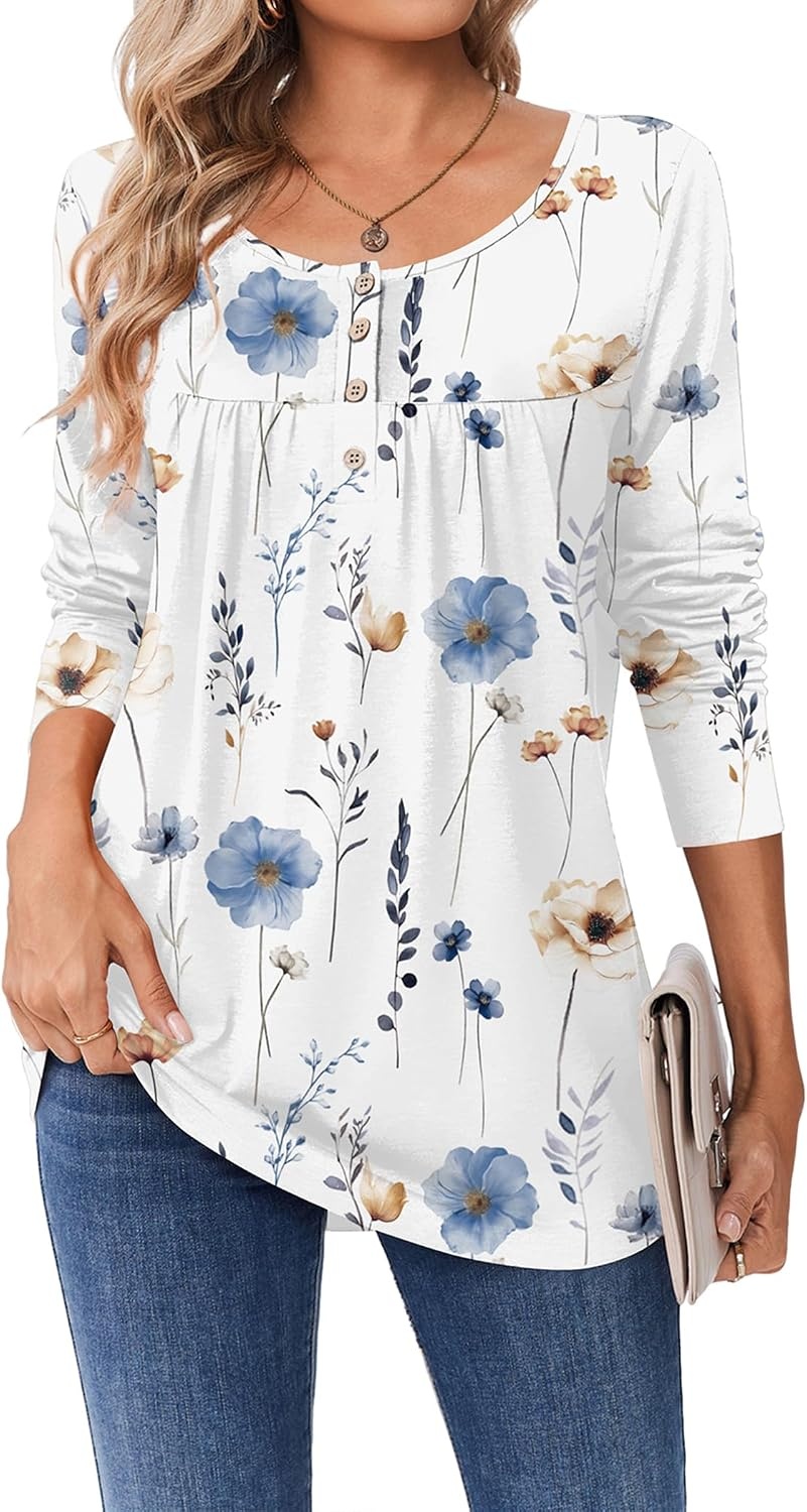 image:imageZeagoo Long Sleeve Shirts for Women Dressy Casual Blouses Loose Tunic TopsWhite Flowerbf290
