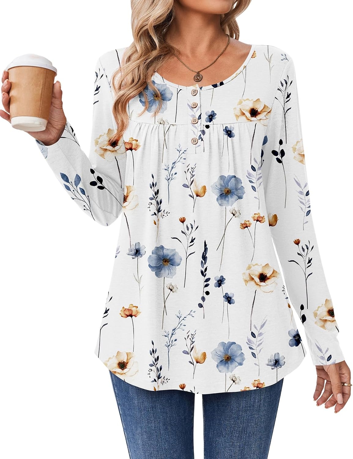 image:imageZeagoo Long Sleeve Shirts for Women Dressy Casual Blouses Loose Tunic TopsWhite Flowerbf290