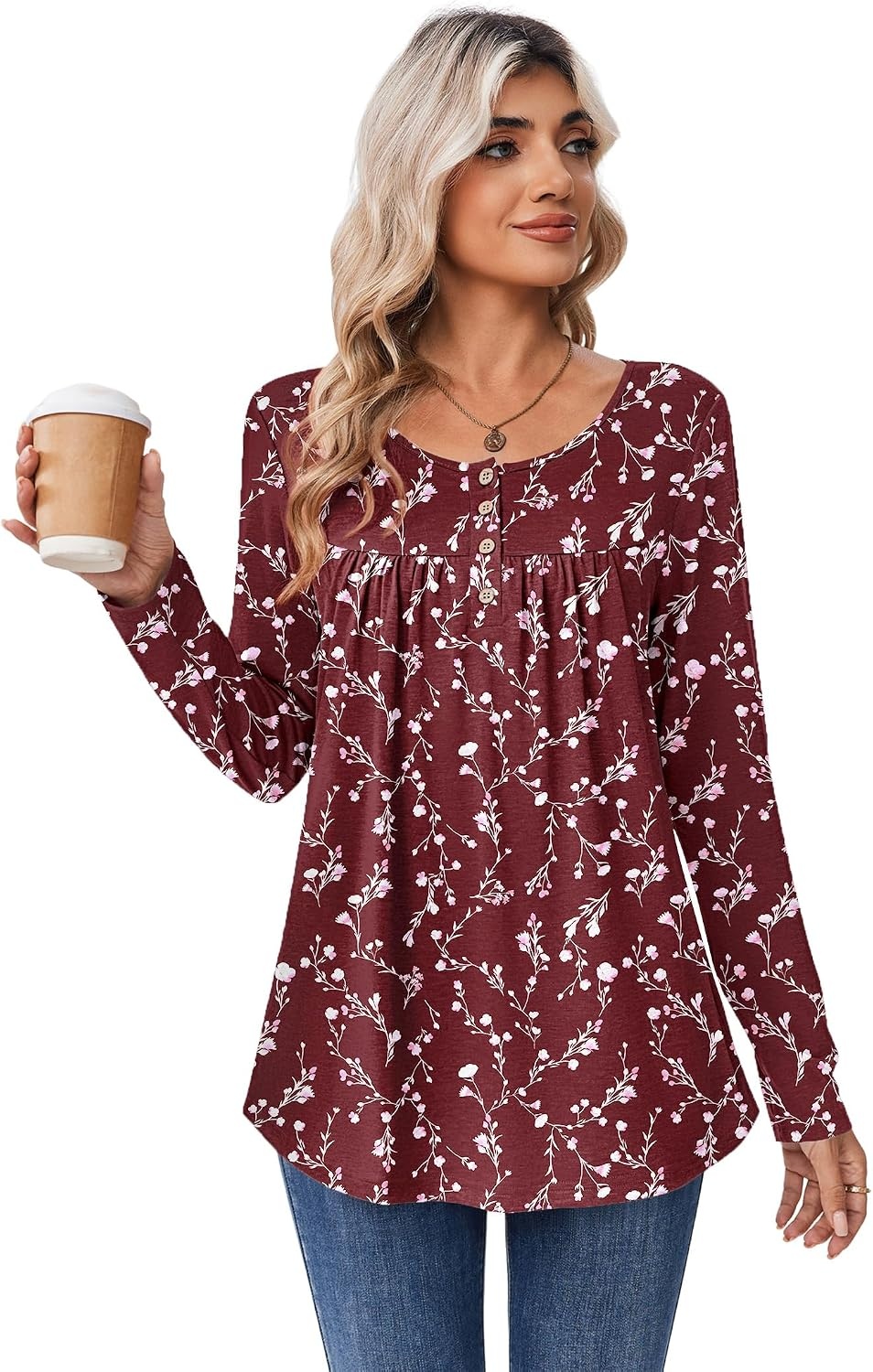 image:imageZeagoo Long Sleeve Shirts for Women Dressy Casual Blouses Loose Tunic TopsWine Redbf321