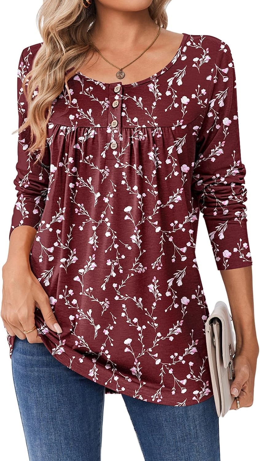 image:imageZeagoo Long Sleeve Shirts for Women Dressy Casual Blouses Loose Tunic TopsWine Redbf321