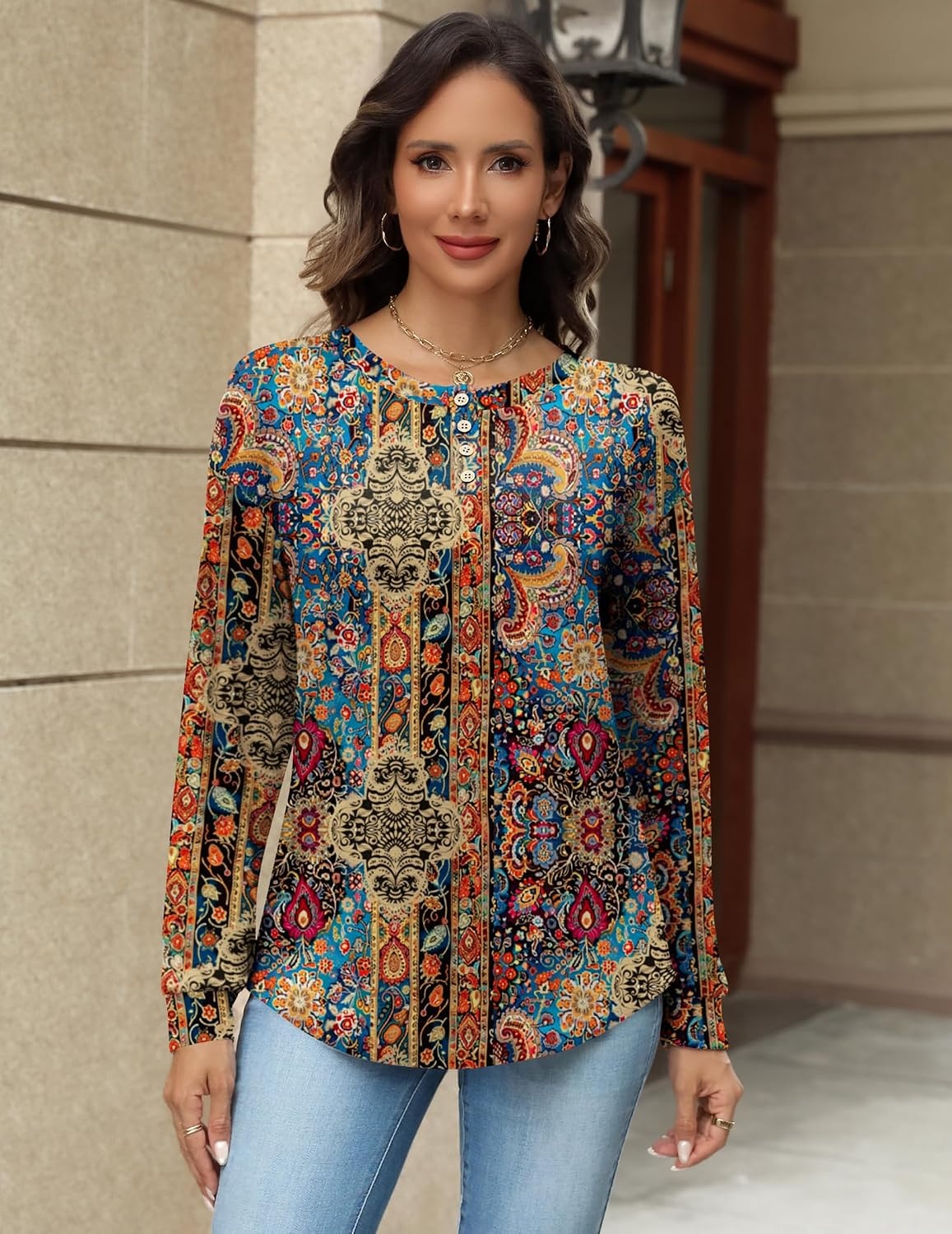 image:imageZeagoo Long Sleeve Shirts for Women Henley T Shirts Loose Fit Tunics Dressy Casual Work Blouses Fall Fashion TopsBrown Boho