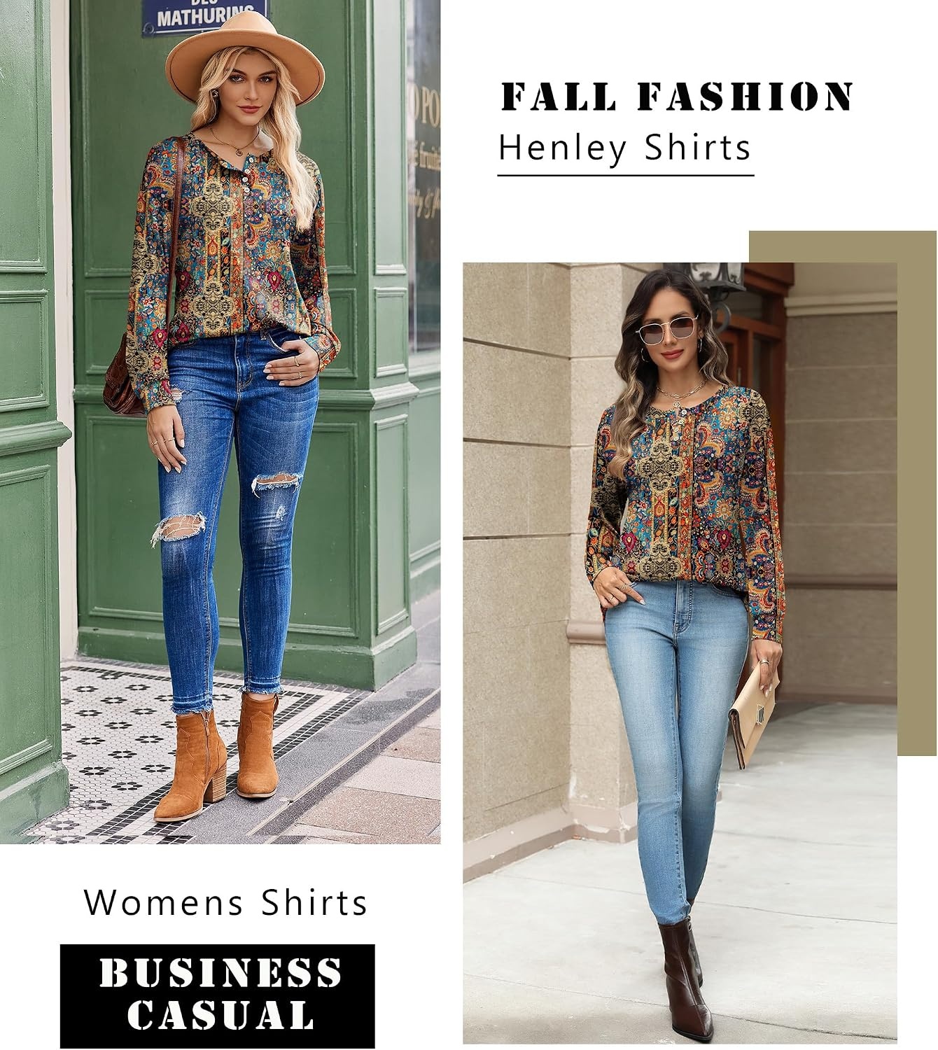 image:imageZeagoo Long Sleeve Shirts for Women Henley T Shirts Loose Fit Tunics Dressy Casual Work Blouses Fall Fashion TopsBrown Boho