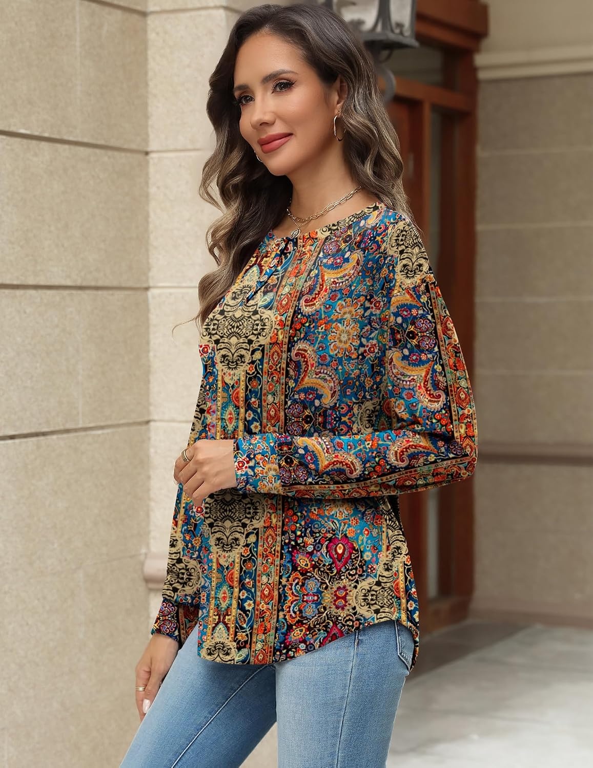 image:imageZeagoo Long Sleeve Shirts for Women Henley T Shirts Loose Fit Tunics Dressy Casual Work Blouses Fall Fashion TopsBrown Boho