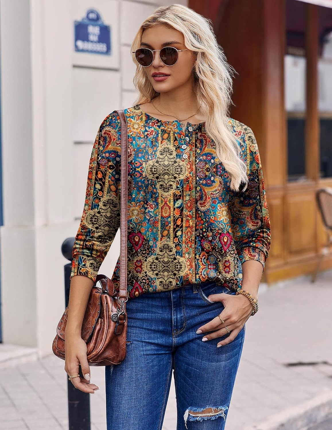 image:imageZeagoo Long Sleeve Shirts for Women Henley T Shirts Loose Fit Tunics Dressy Casual Work Blouses Fall Fashion TopsBrown Boho