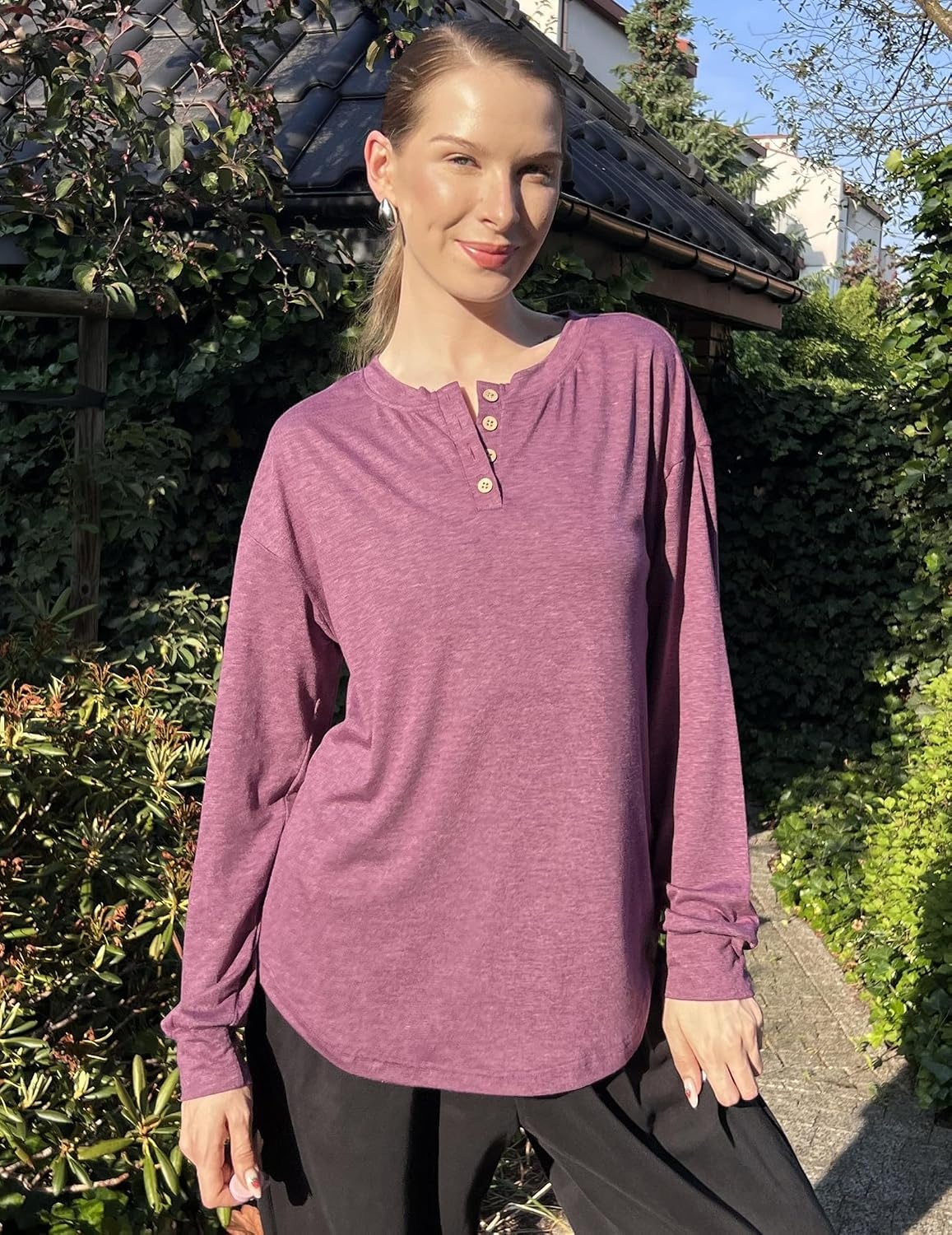 image:imageZeagoo Long Sleeve Shirts for Women Henley T Shirts Loose Fit Tunics Dressy Casual Work Blouses Fall Fashion TopsPurple