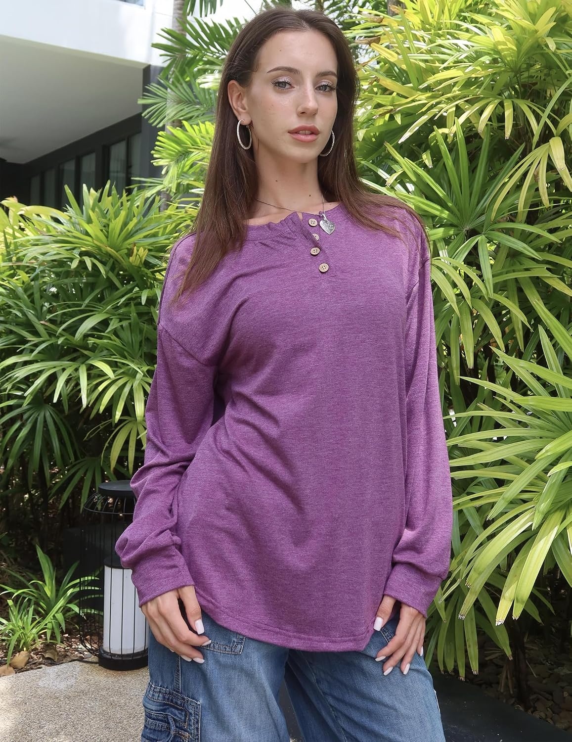 image:imageZeagoo Long Sleeve Shirts for Women Henley T Shirts Loose Fit Tunics Dressy Casual Work Blouses Fall Fashion TopsPurple