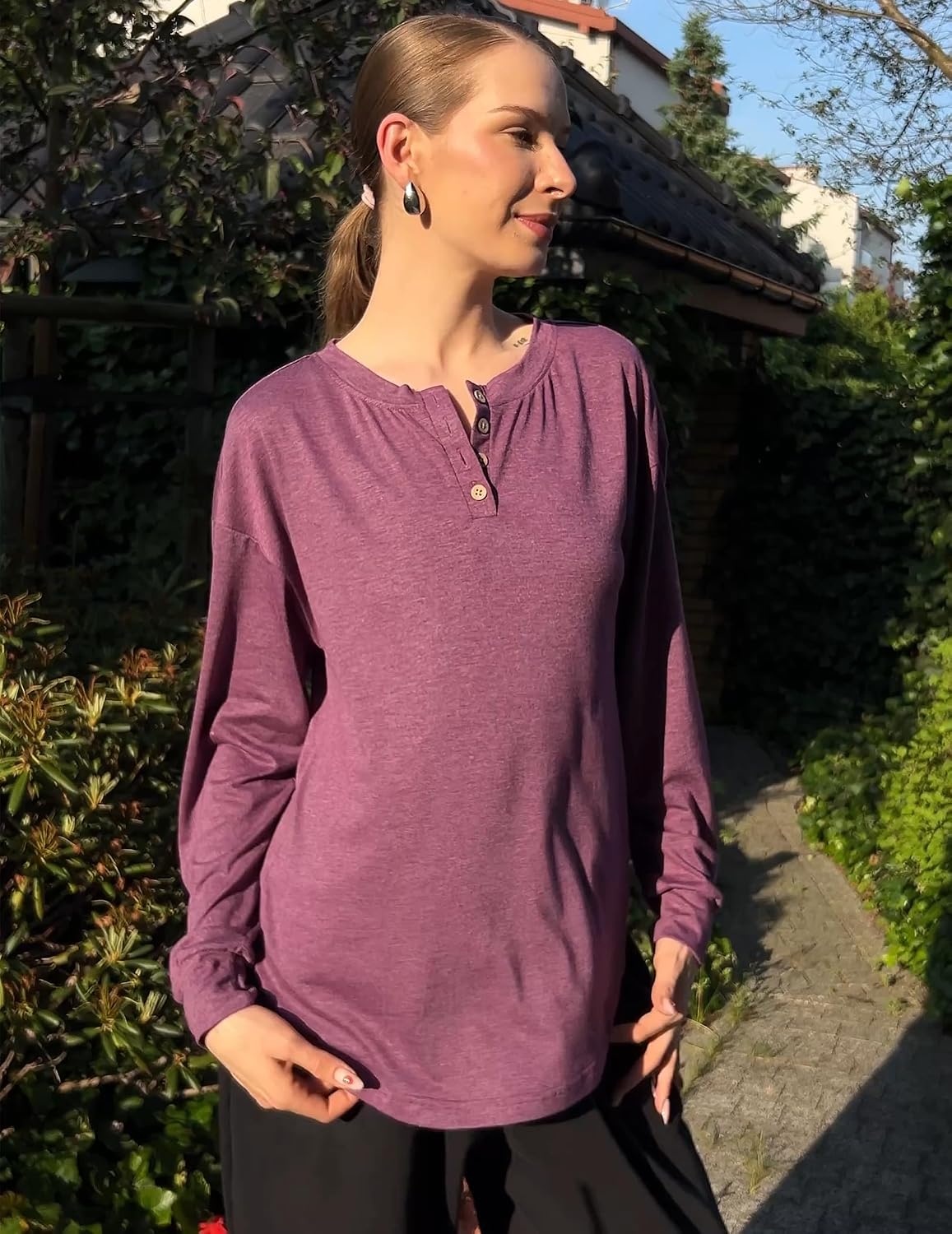 image:imageZeagoo Long Sleeve Shirts for Women Henley T Shirts Loose Fit Tunics Dressy Casual Work Blouses Fall Fashion TopsPurple