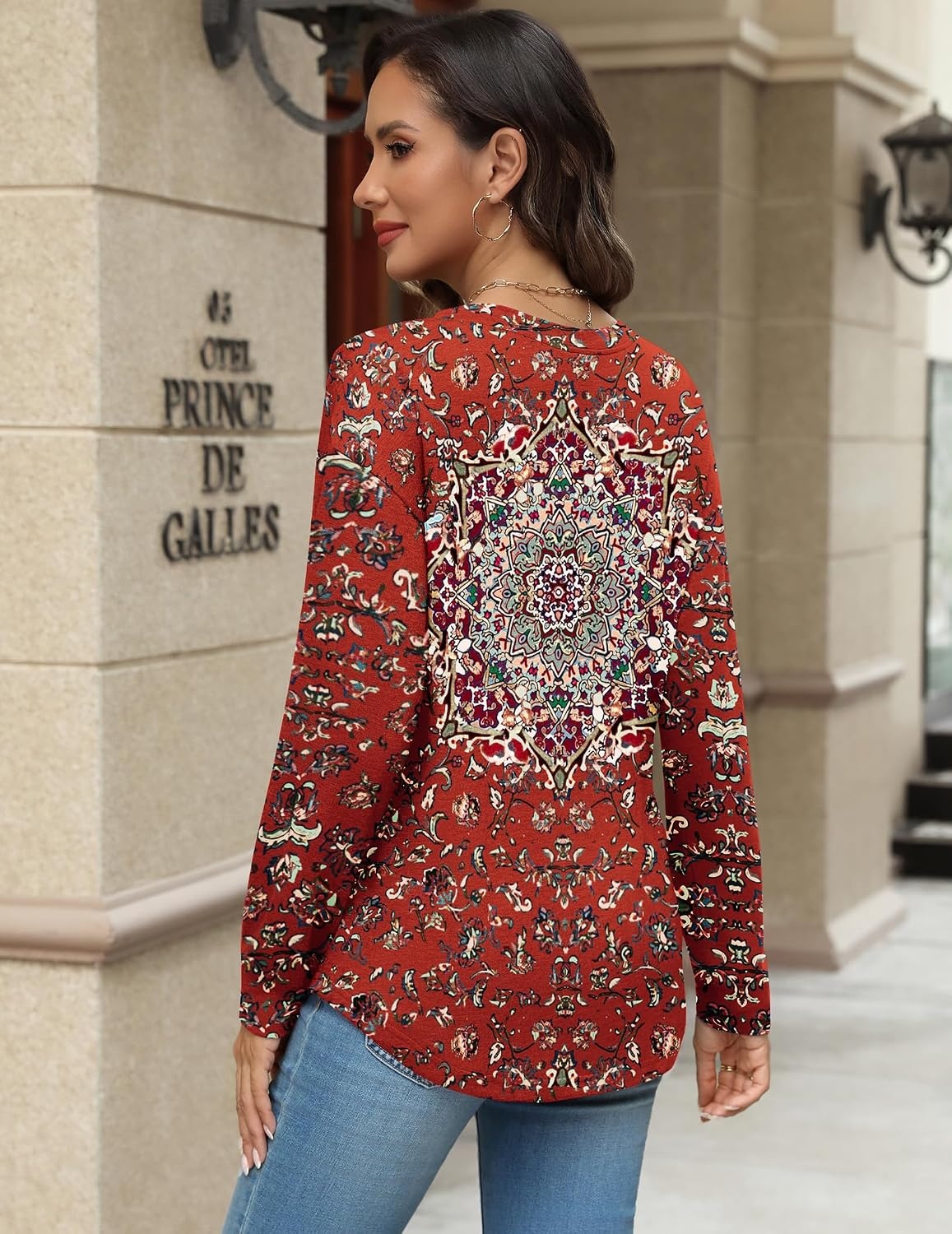 image:imageZeagoo Long Sleeve Shirts for Women Henley T Shirts Loose Fit Tunics Dressy Casual Work Blouses Fall Fashion TopsRed Ethnic Printed