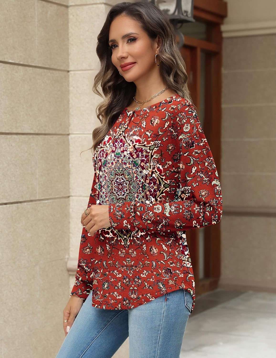 image:imageZeagoo Long Sleeve Shirts for Women Henley T Shirts Loose Fit Tunics Dressy Casual Work Blouses Fall Fashion TopsRed Ethnic Printed