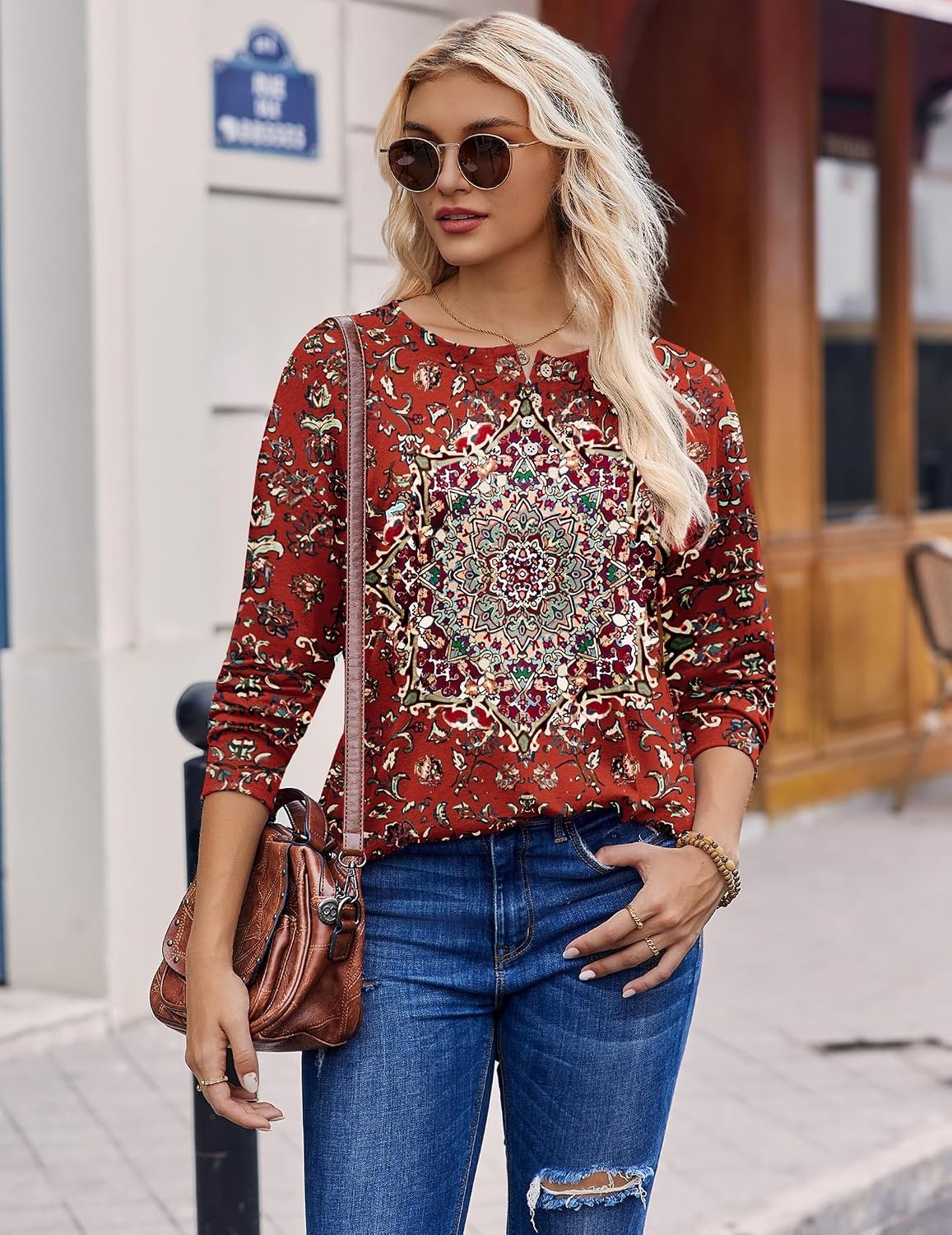 image:imageZeagoo Long Sleeve Shirts for Women Henley T Shirts Loose Fit Tunics Dressy Casual Work Blouses Fall Fashion TopsRed Ethnic Printed