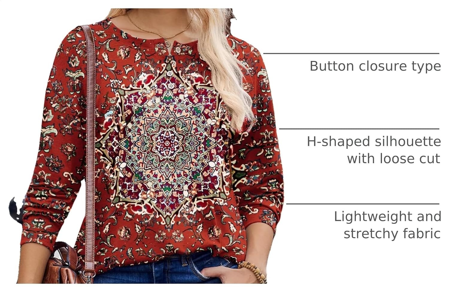 image:imageZeagoo Long Sleeve Shirts for Women Henley T Shirts Loose Fit Tunics Dressy Casual Work Blouses Fall Fashion TopsRed Ethnic Printed