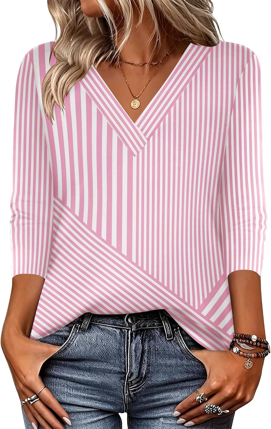 image:imageZeagoo Women Long Sleeve Tops Dressy Casual V Neck Shirt Fall Work BlousePink Stripedtz300