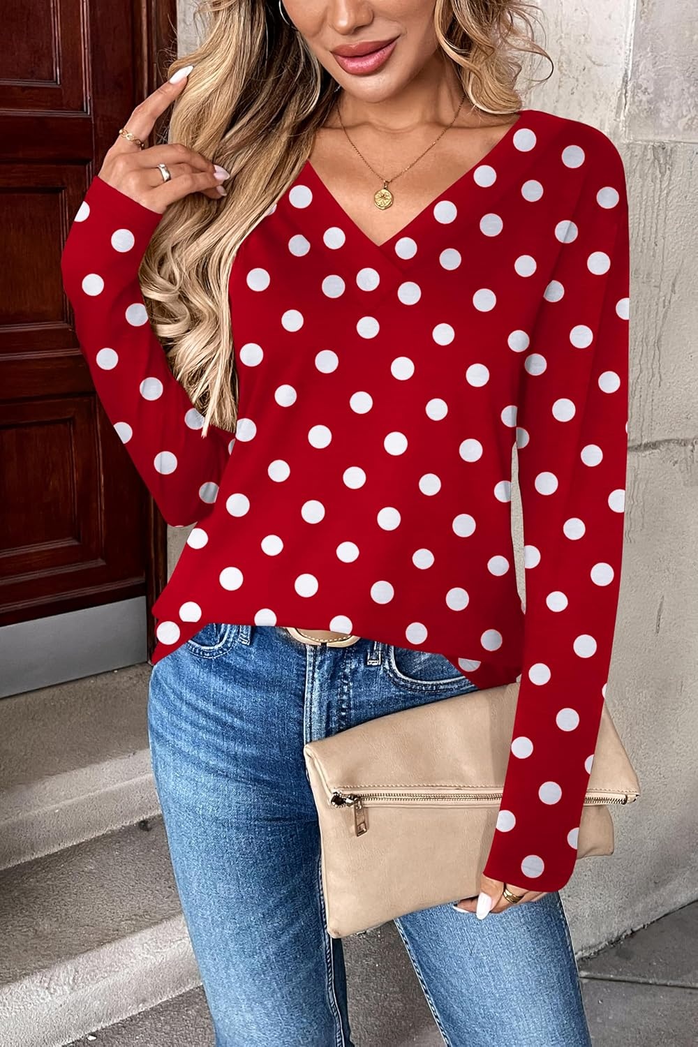 image:imageZeagoo Women Long Sleeve Tops Dressy Casual V Neck Shirt Fall Work BlouseRed Polka Dotsjh717