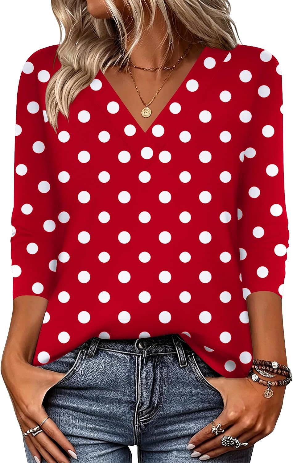 image:imageZeagoo Women Long Sleeve Tops Dressy Casual V Neck Shirt Fall Work BlouseRed Polka Dotsjh717
