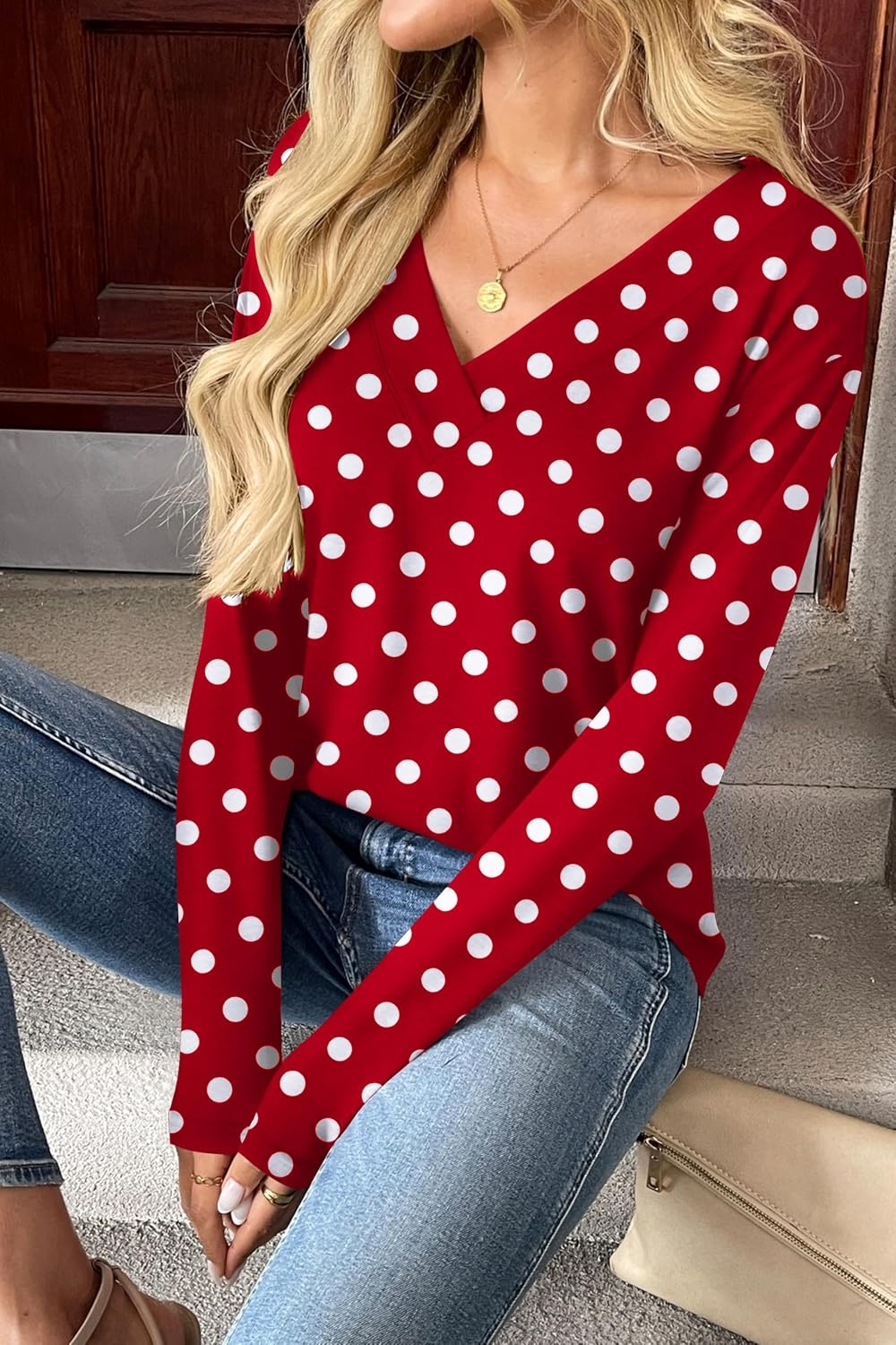 image:imageZeagoo Women Long Sleeve Tops Dressy Casual V Neck Shirt Fall Work BlouseRed Polka Dotsjh717