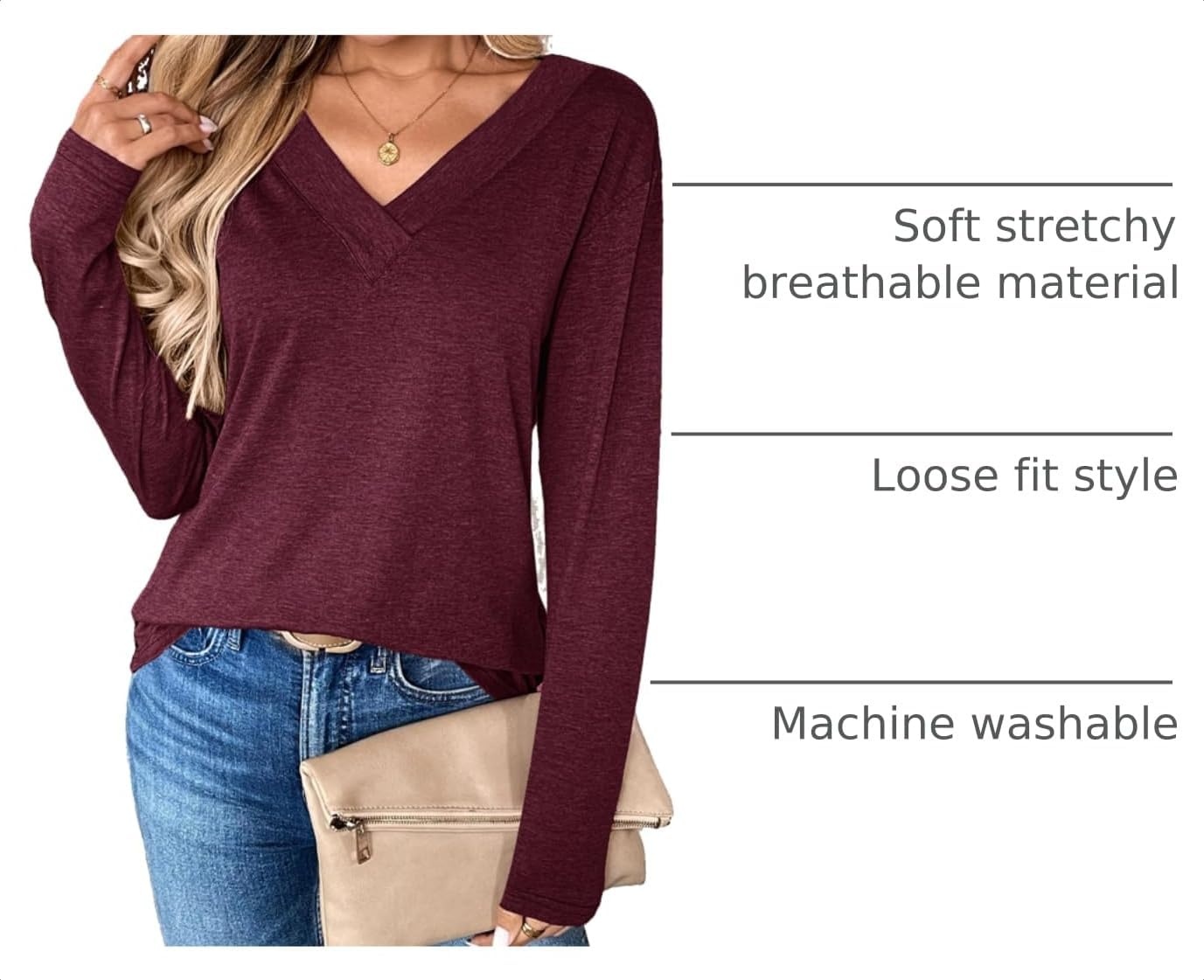 image:imageZeagoo Women Long Sleeve Tops Dressy Casual V Neck Shirt Fall Work BlouseWine Red