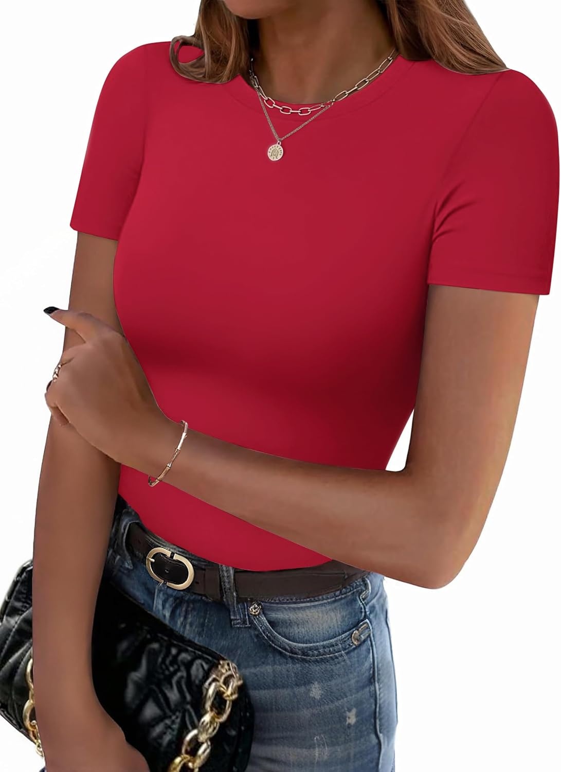 image:imageZeagoo Women Short Sleeve T Shirts Fitted Summer Tops Stretchy Basic TeeRed