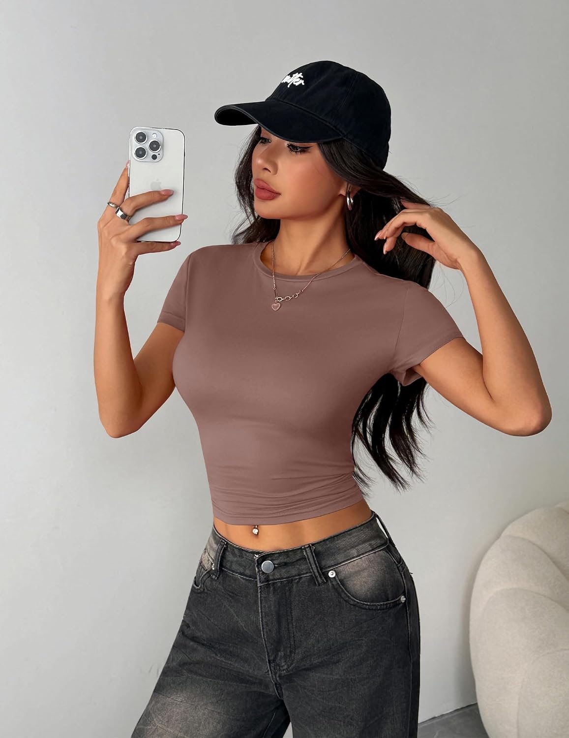 image:imageZeagoo Women Short Sleeve T Shirts Fitted Summer Tops Stretchy Basic TeeShort Sleeve Brown
