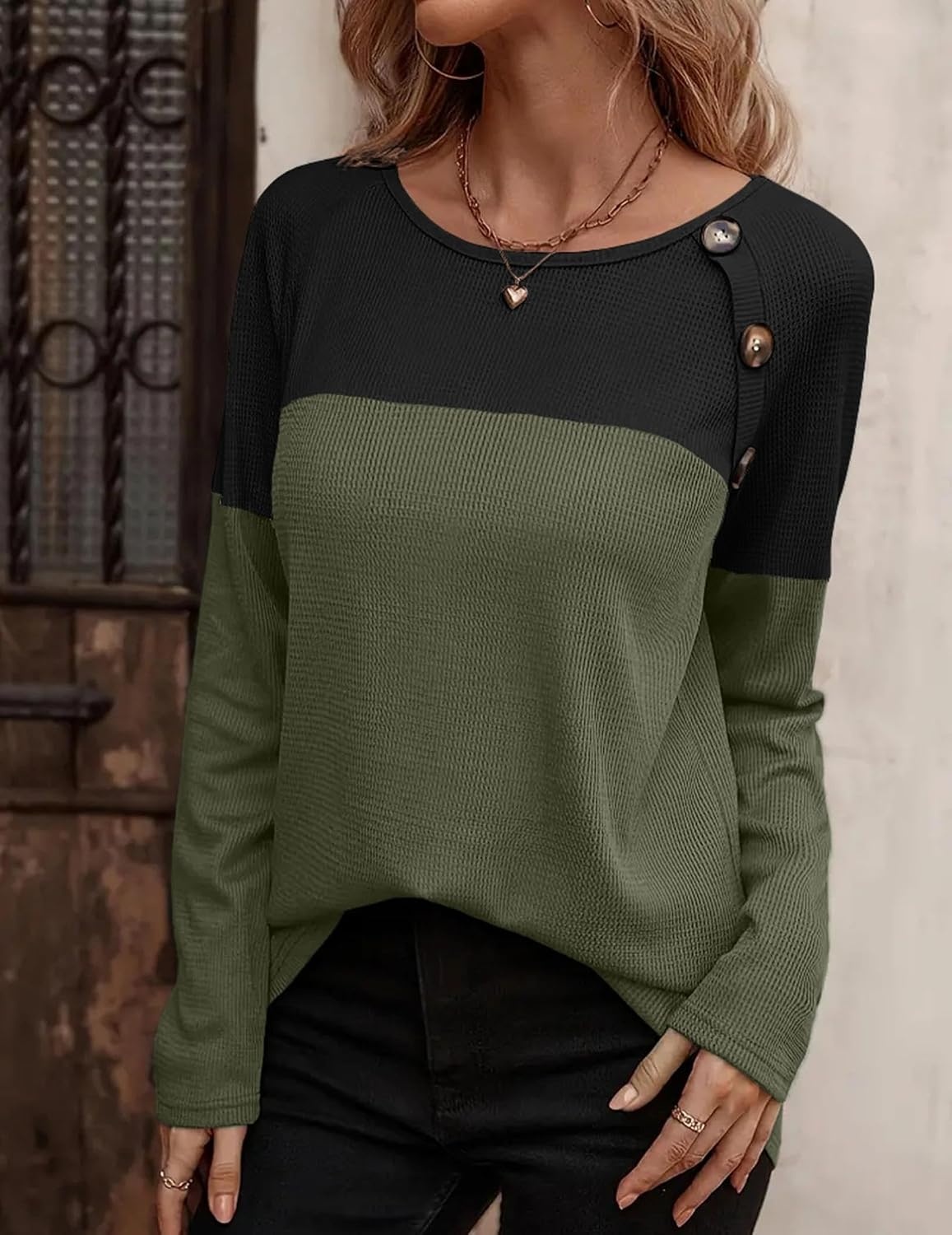 image:imageZeagoo Women Waffle Knit Shirts Long Sleeve Colorblock Tee Button Detail TunicsArmy Geeen